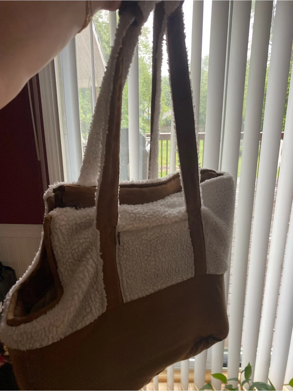 Cream Sherpa Tote with Brown Faux Suede Trim